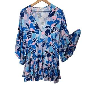 LABEL OF LOVE Blue Pink Floral Bell Sleeve Coverup Mini‎ Dress Size S Retro Boho